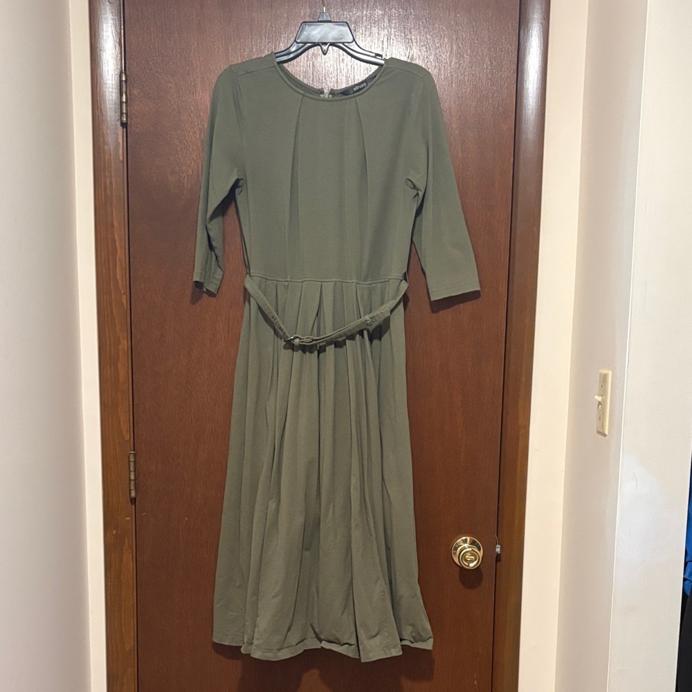 eshakti Olive Green Cotton Jersey Midi Dress with Belted Waist